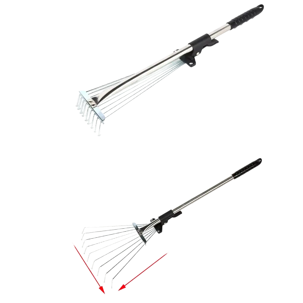 Garden leaf rake with telescopic handle design featuring black ergonomic handle and silver metal tines in compact and extended lengths