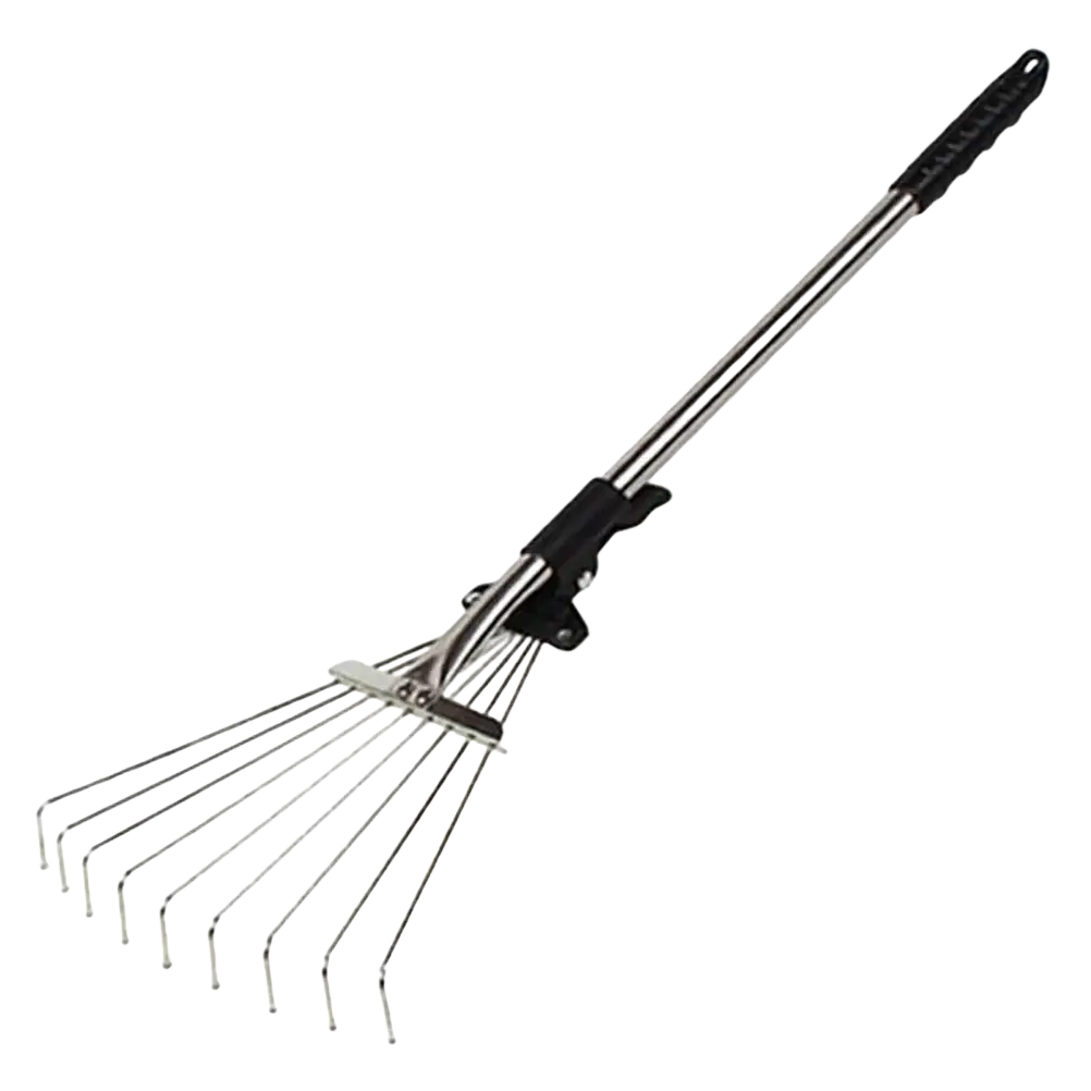 Silver metal garden leaf rake with black ergonomic handle and telescopic handle design for easy garden use