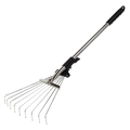 Silver metal garden leaf rake with black ergonomic handle and telescopic handle design for easy garden use