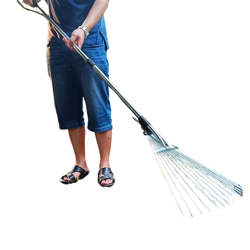 Silver metal garden leaf rake with telescopic handle design and multiple tines for efficient leaf removal