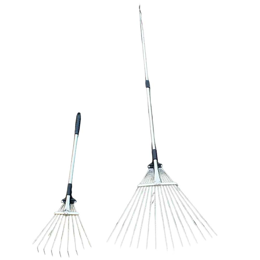 Two silver metal garden leaf rakes with black telescopic handles leaning against a wooden fence by pink roses