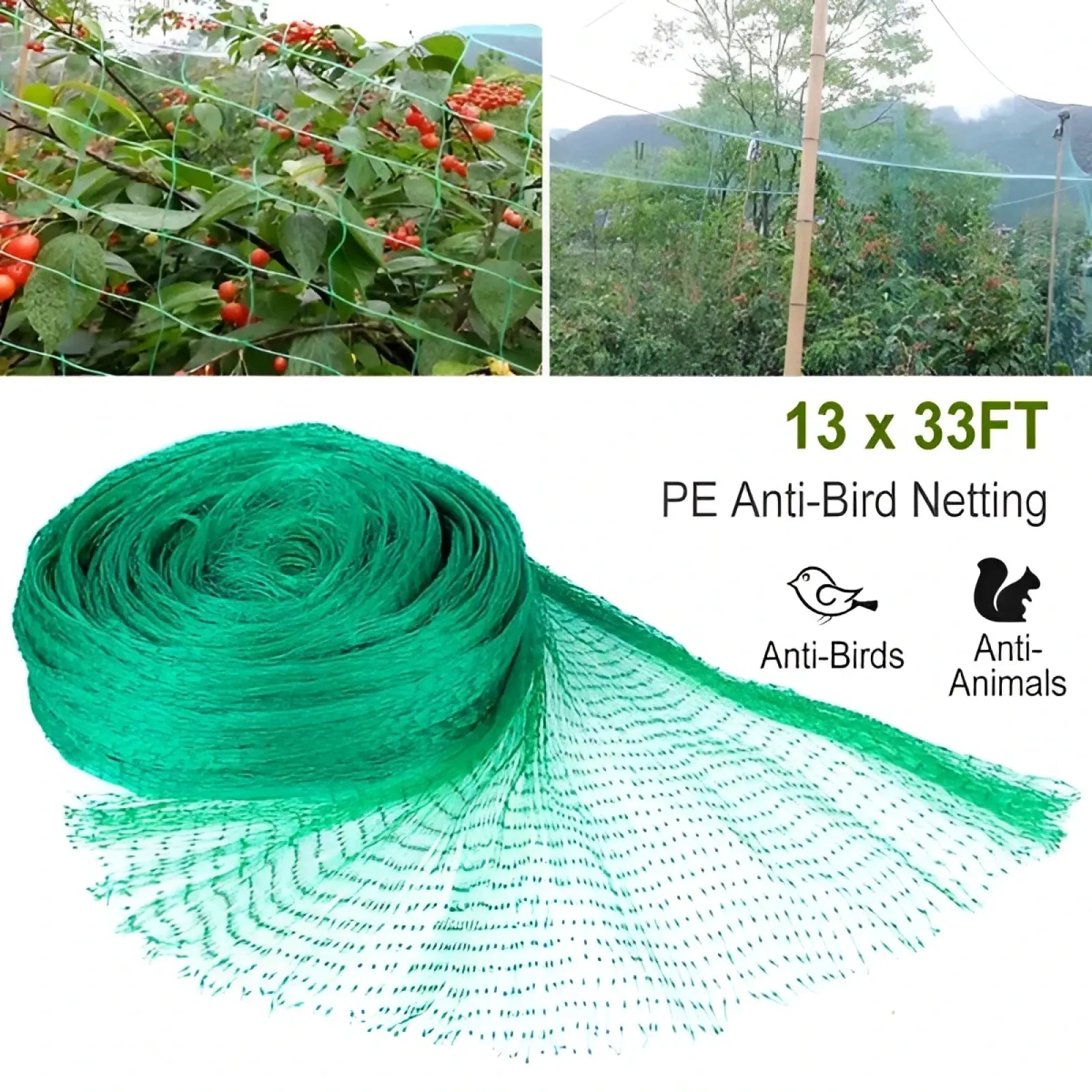 Green pe heavy duty anti bird netting 13 x 33ft designed for garden protection