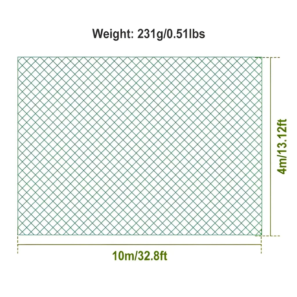 Green diamond-patterned heavy duty polyethylene anti bird garden netting measuring 10m by 4m in size