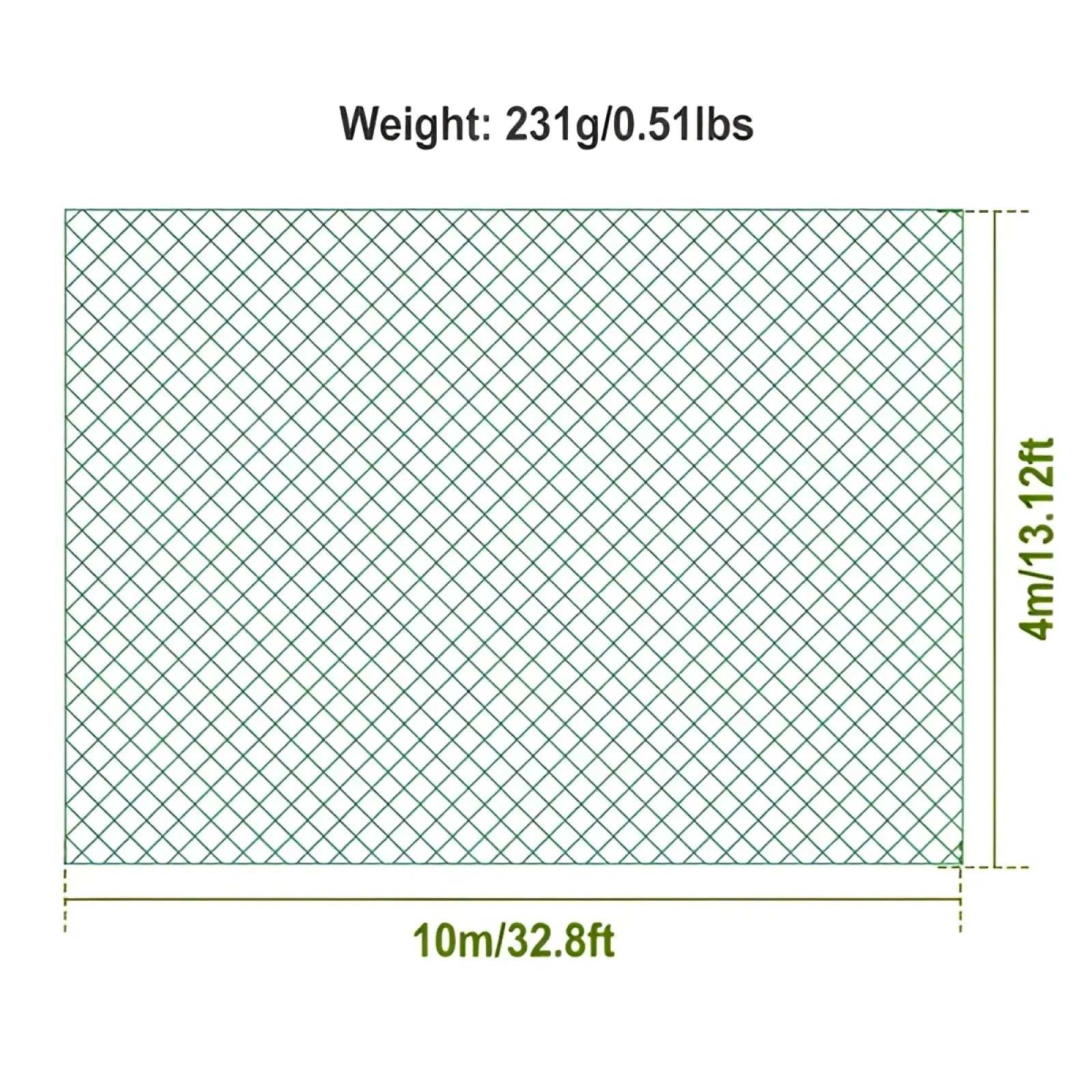 Green diamond-patterned heavy duty polyethylene anti bird garden netting measuring 10m by 4m in size
