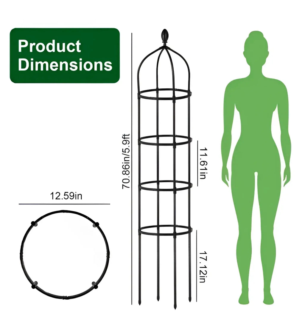 Black metal garden obelisk trellis with domed top and four circular rings for plant support 5.9ft tall