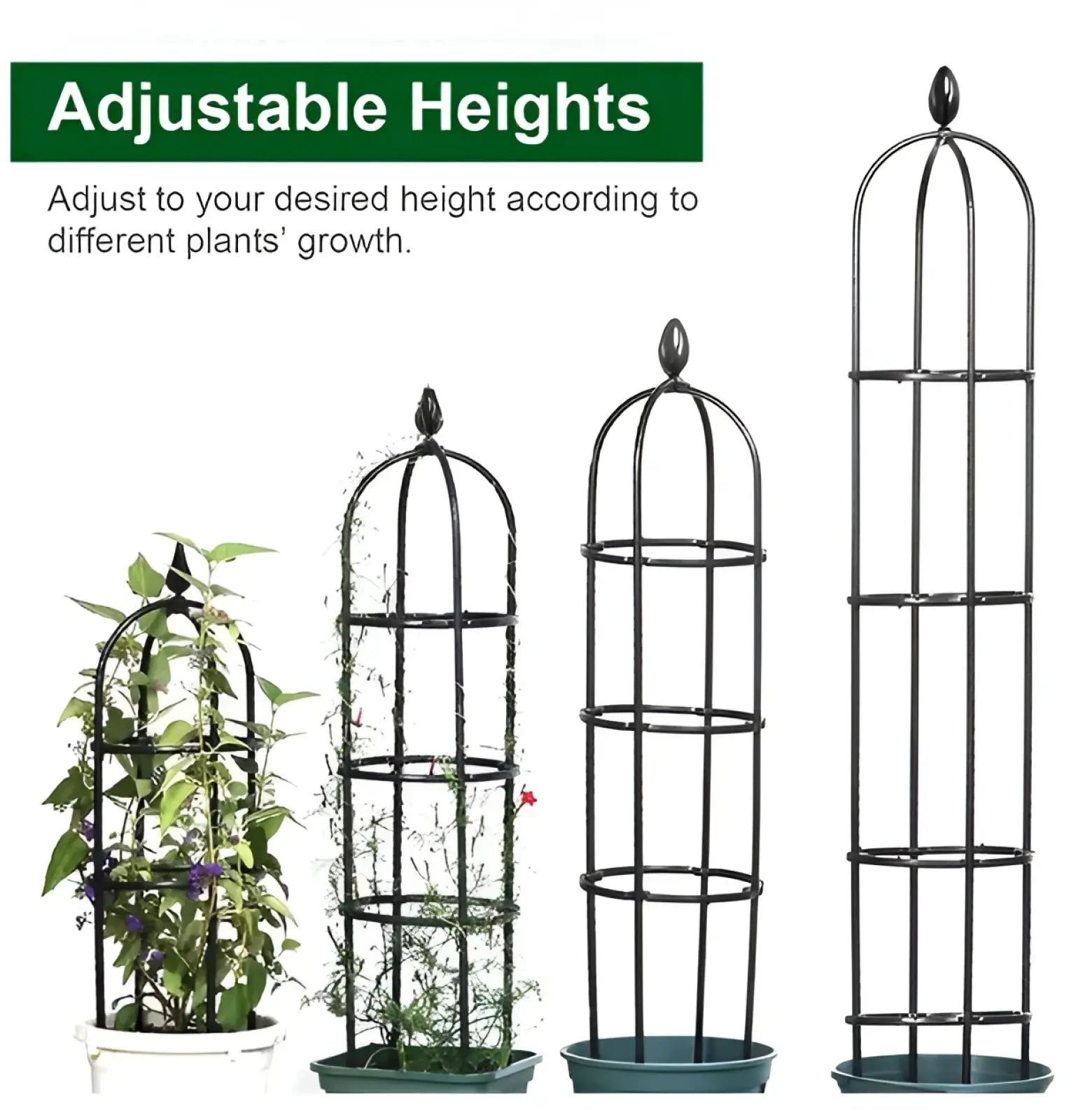 Black metal garden obelisk trellis 2 pack 5.9ft with adjustable height arched top and tiered rings for plant support