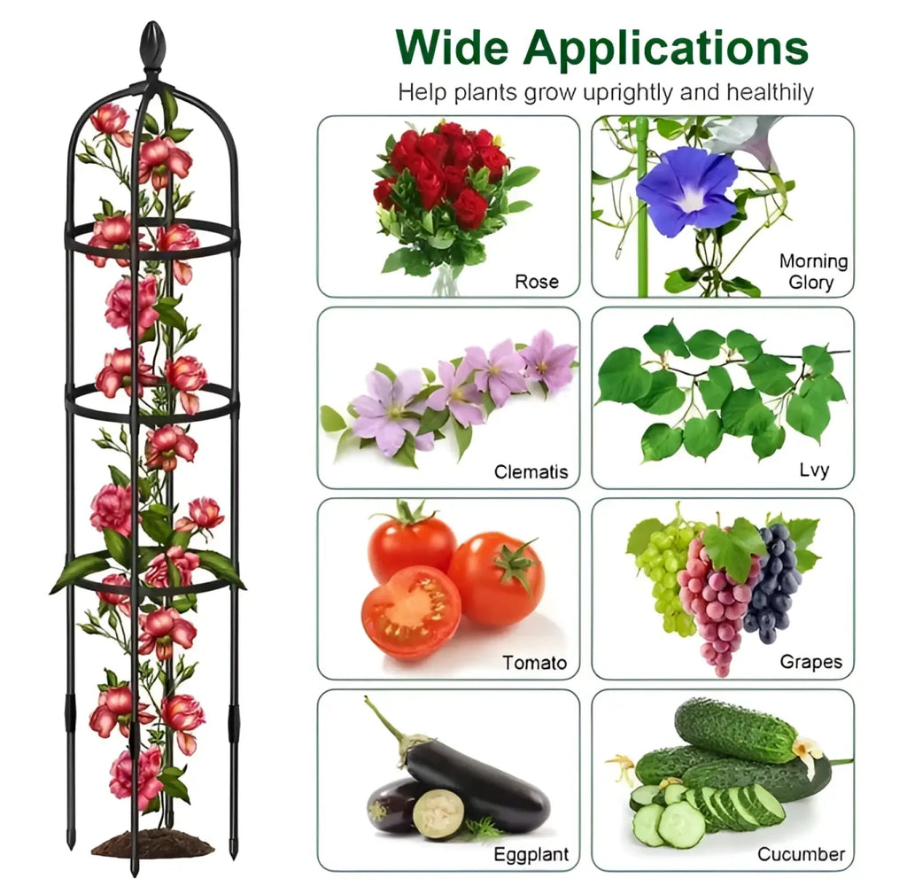Black metal garden obelisk trellis 2 pack with decorative floral patterns and pointed tips for plant support