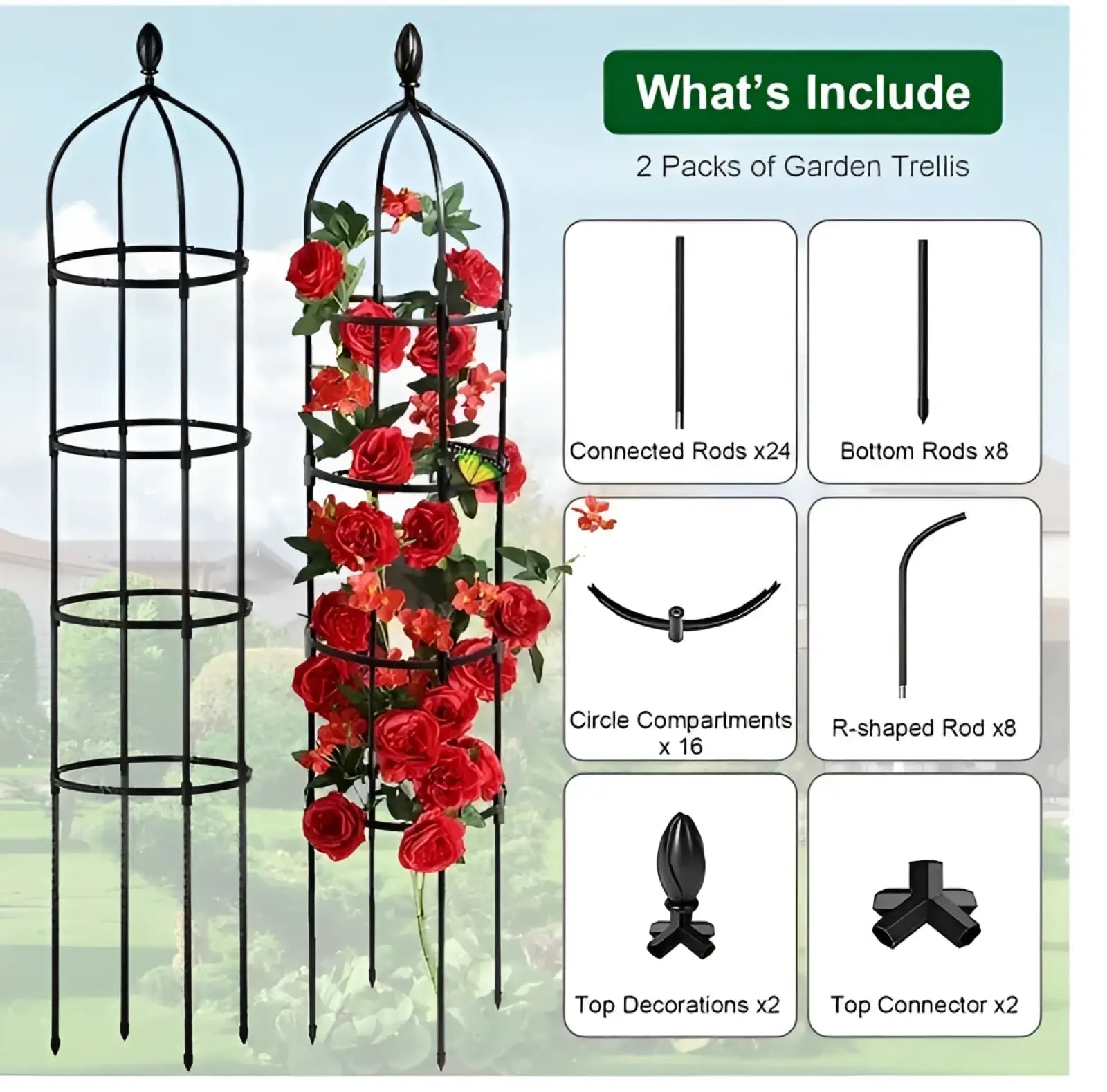 Black metal garden obelisk trellis 2 pack with circular rings and decorative finials for plant support and decoration