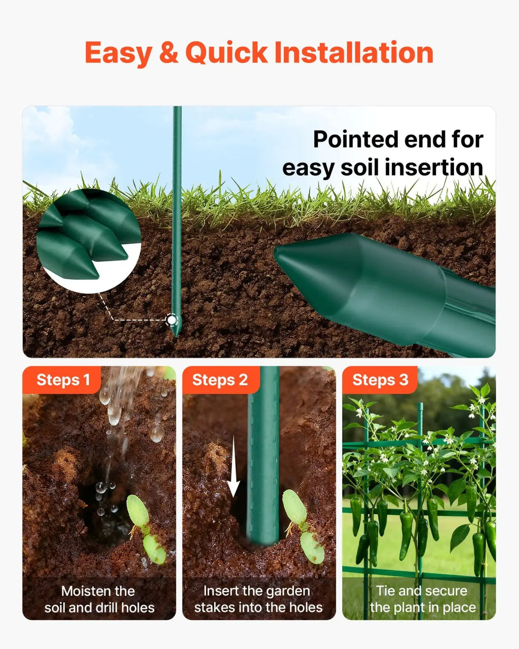 Green plastic coated metal garden stake with pointed end for easy soil insertion in 50 pack 46 inch set