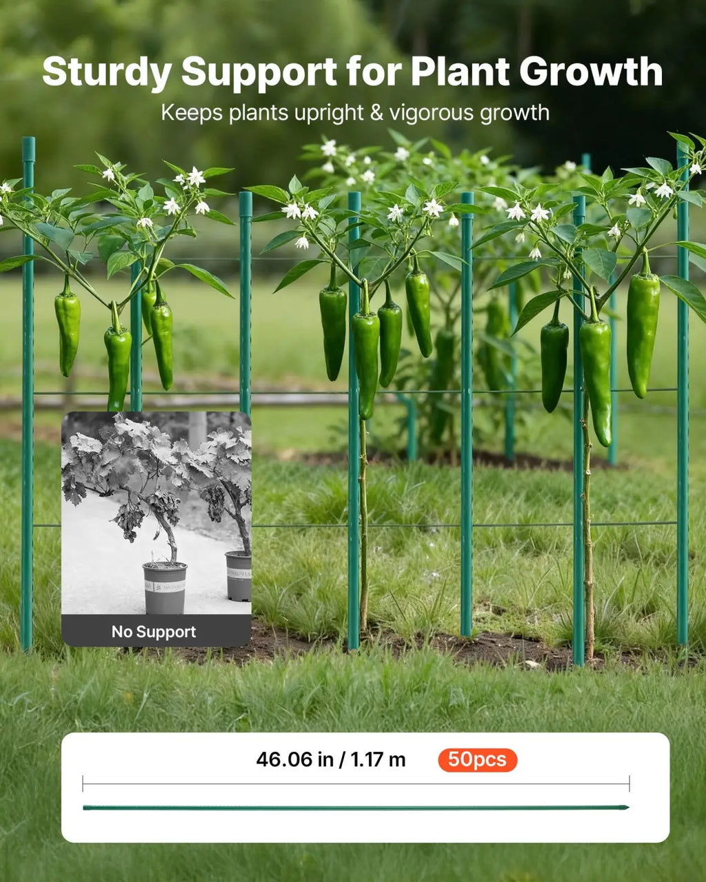 Green plastic coated metal garden stakes 50 pack with wire mesh for upright plant support 46 inch
