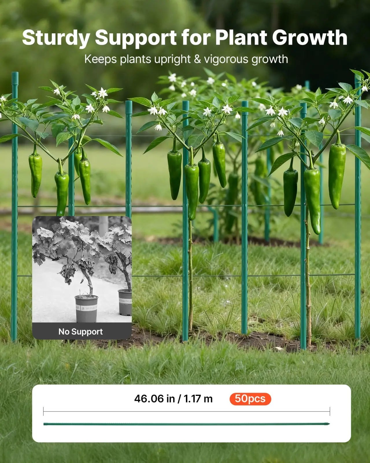 Green plastic coated metal garden stakes 50 pack with wire mesh for upright plant support 46 inch