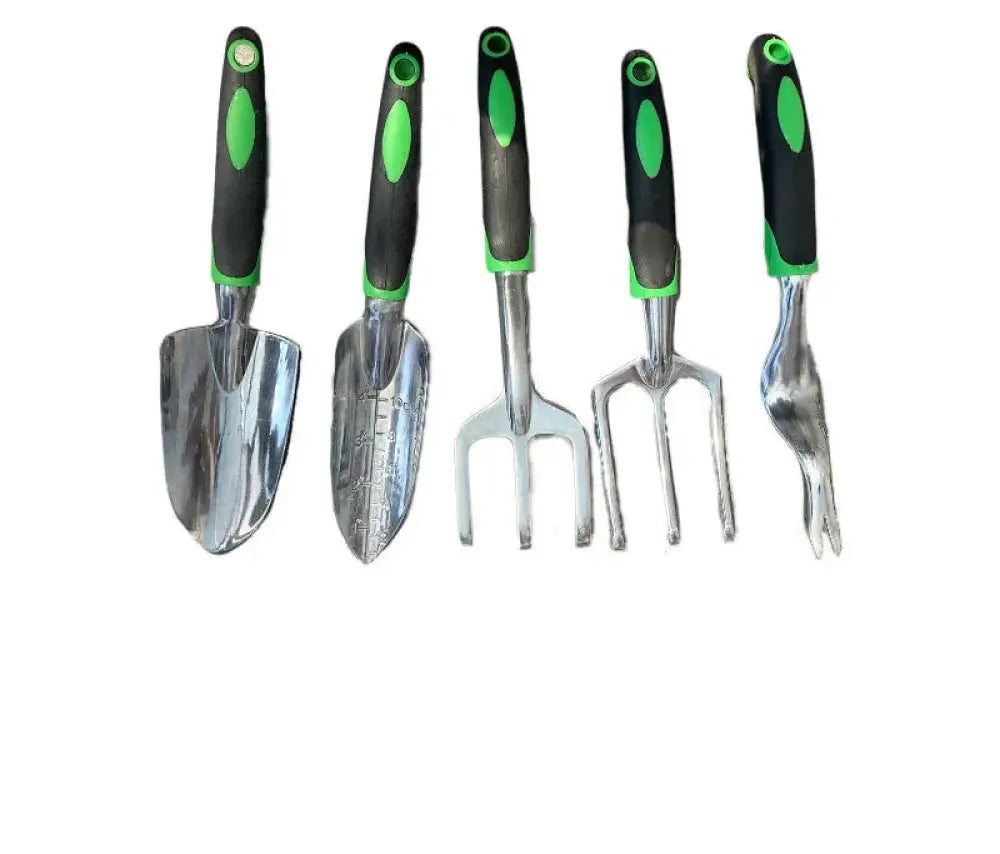 Set of five ergonomic aluminum garden tools with black and green handles and shiny metallic heads for gardening