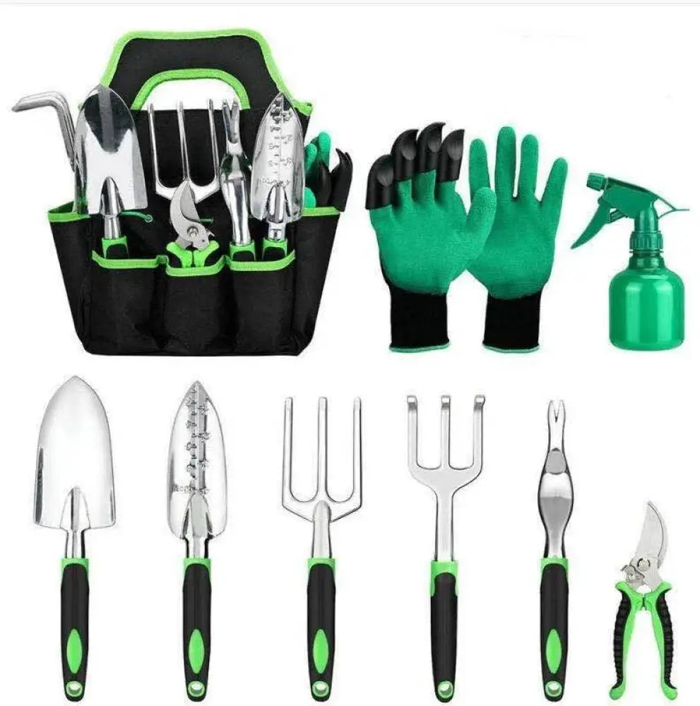 9 piece ergonomic aluminum garden tool set with green and black rubberized grips and stainless steel implements in a carrying bag