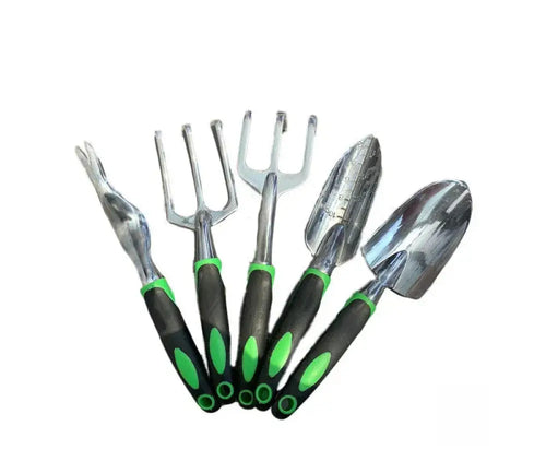 Five-piece garden tool set with shiny metallic heads black handles and bright green ergonomic grips in aluminum design