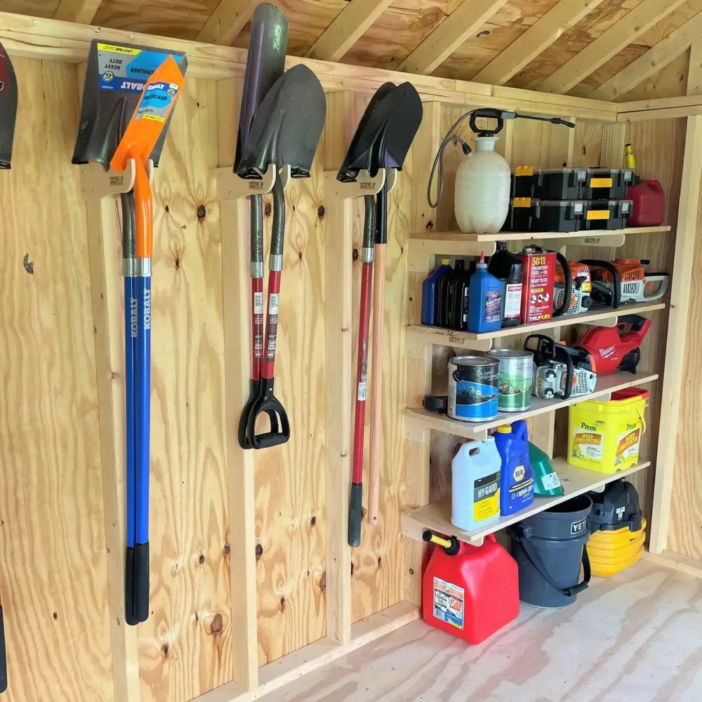 Blue and black robert tools shovels mounted on stud mounted wave design wooden garden tool organizer rack