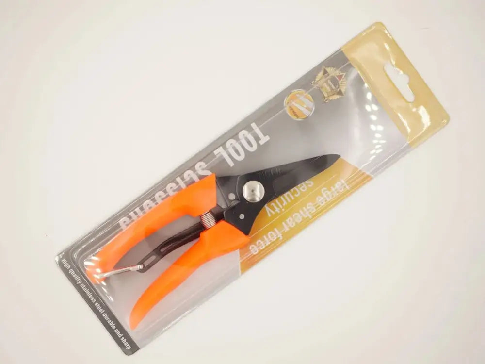 Heavy duty stainless steel garden pruning shears with orange handles black metal blades and a silver pivot in packaging