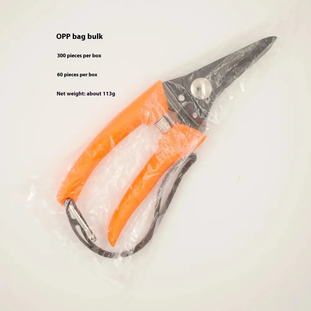 Heavy duty stainless steel garden pruning shears with orange handles and metallic blades packaged in clear plastic