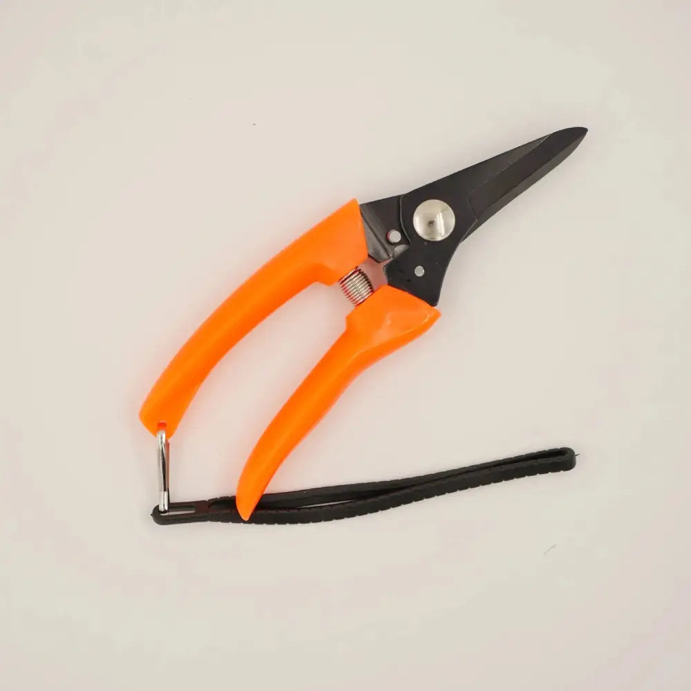 Heavy duty stainless steel garden pruning shears with bright orange plastic handles black metal blades and wrist strap