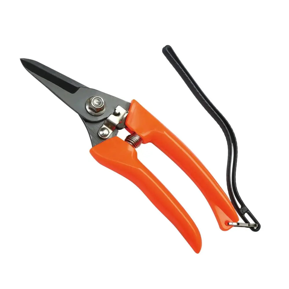 Heavy duty stainless steel garden pruning shears with orange handles black metal blades and a black carrying strap