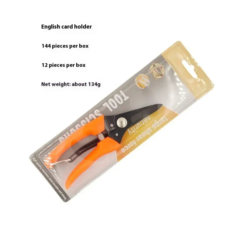 Heavy duty stainless steel garden pruning shears with orange handles and black metal blades in clear packaging labeled security 1001