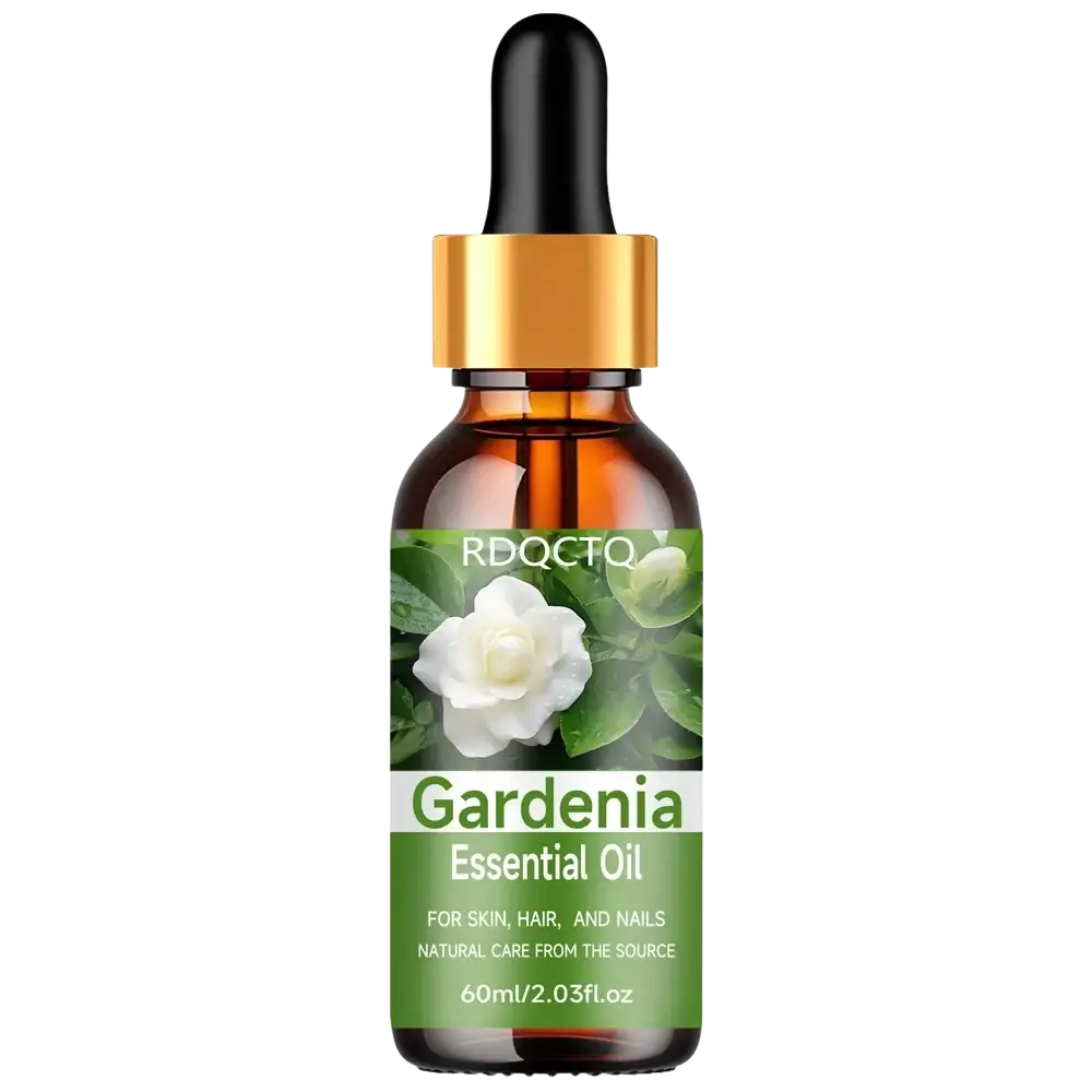 A 60ml amber glass bottle of gardenia essential oil with gold dropper cap and floral label for natural moisturizing serum