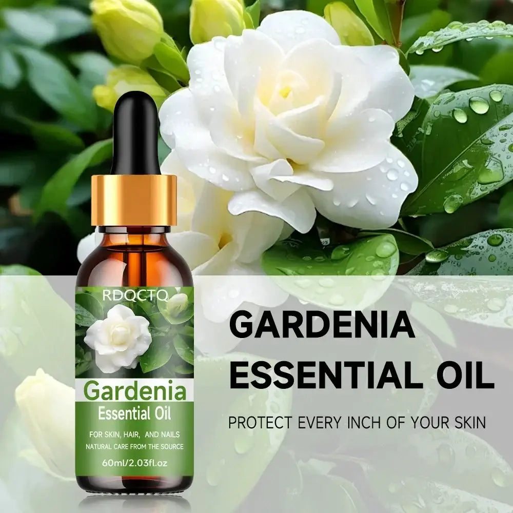 A 60ml amber glass bottle of rdqcto gardenia essential oil with gold cap and dropper for skin hair and nails use