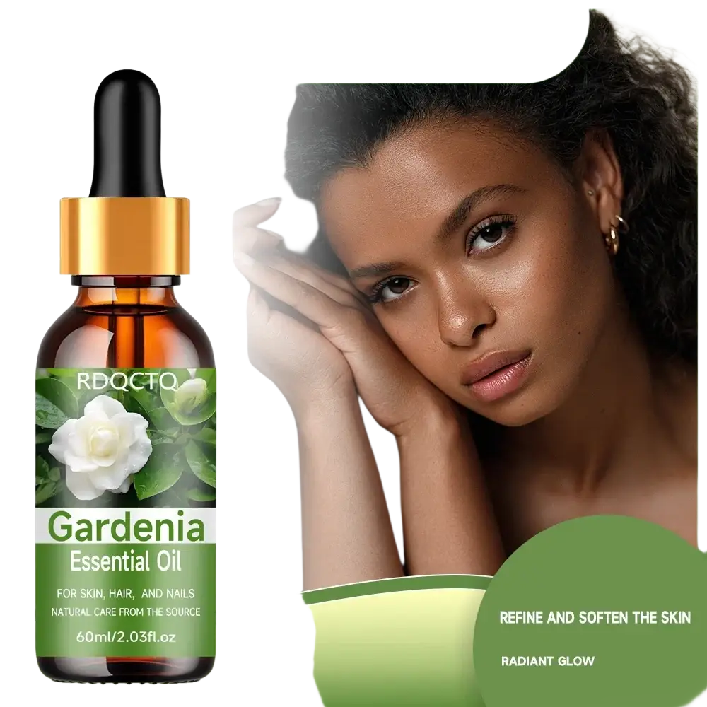 A 60ml amber glass bottle of rdqcto gardenia essential oil with gold dropper cap and white floral label for moisturizing serum