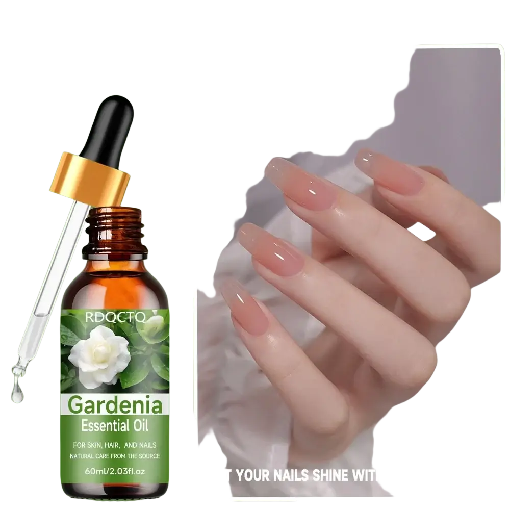 Amber glass bottle with black dropper and gold cap labeled gardenia essential oil by rdqctq natural gardenia essential serum