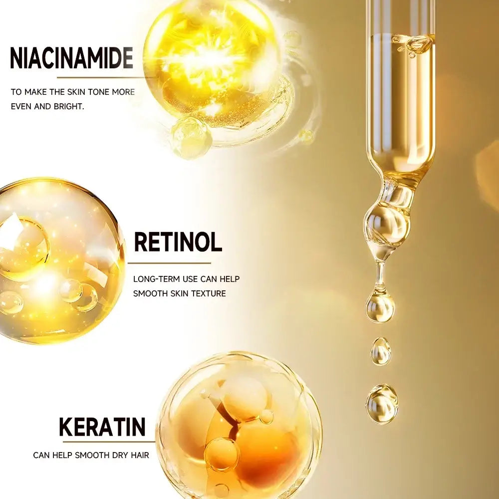 Golden serum droplets in glass ampoules labeled with niacinamide and retinol in gardenia essential oil moisturizing serum