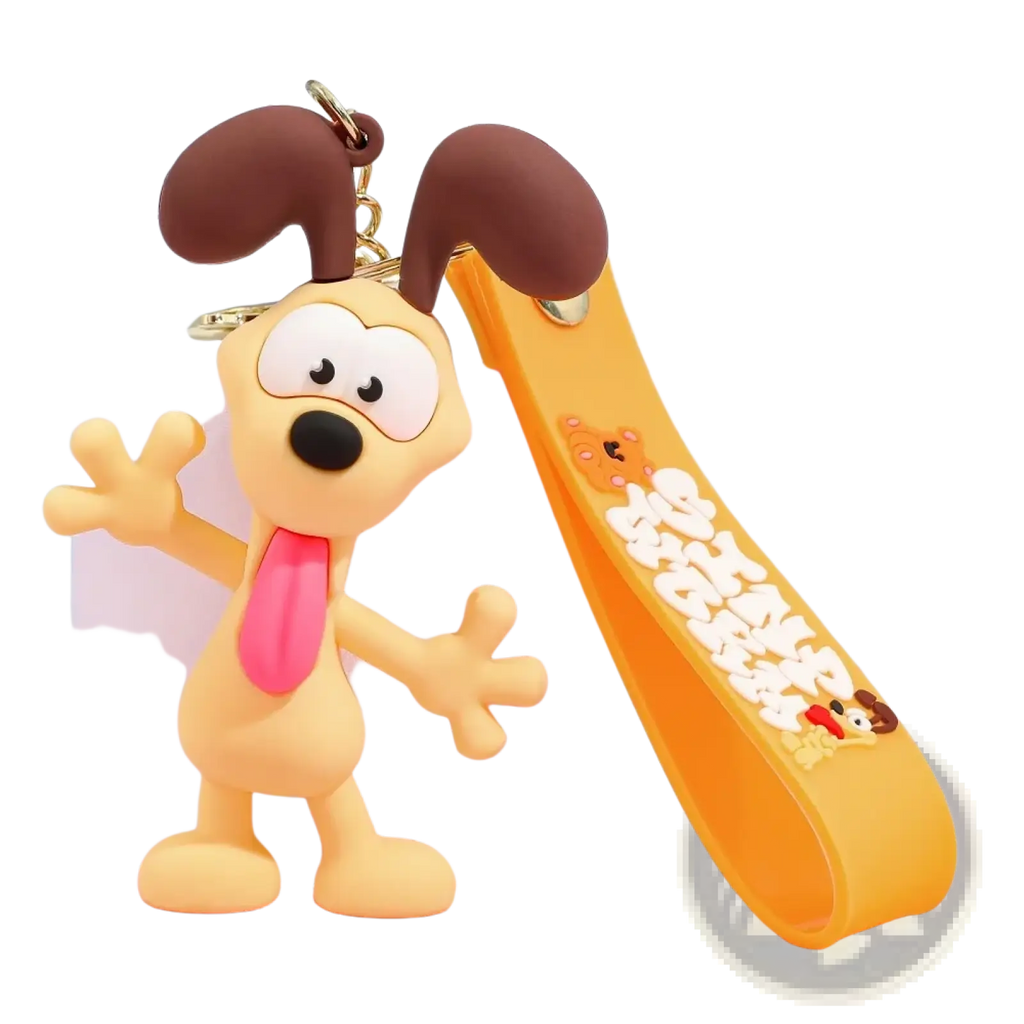 Yellow rubber Garfield keychain featuring a cartoon dog with brown ears, pink tongue, and a matching yellow strap