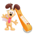 Yellow rubber Garfield keychain featuring a cartoon dog with brown ears, pink tongue, and a matching yellow strap