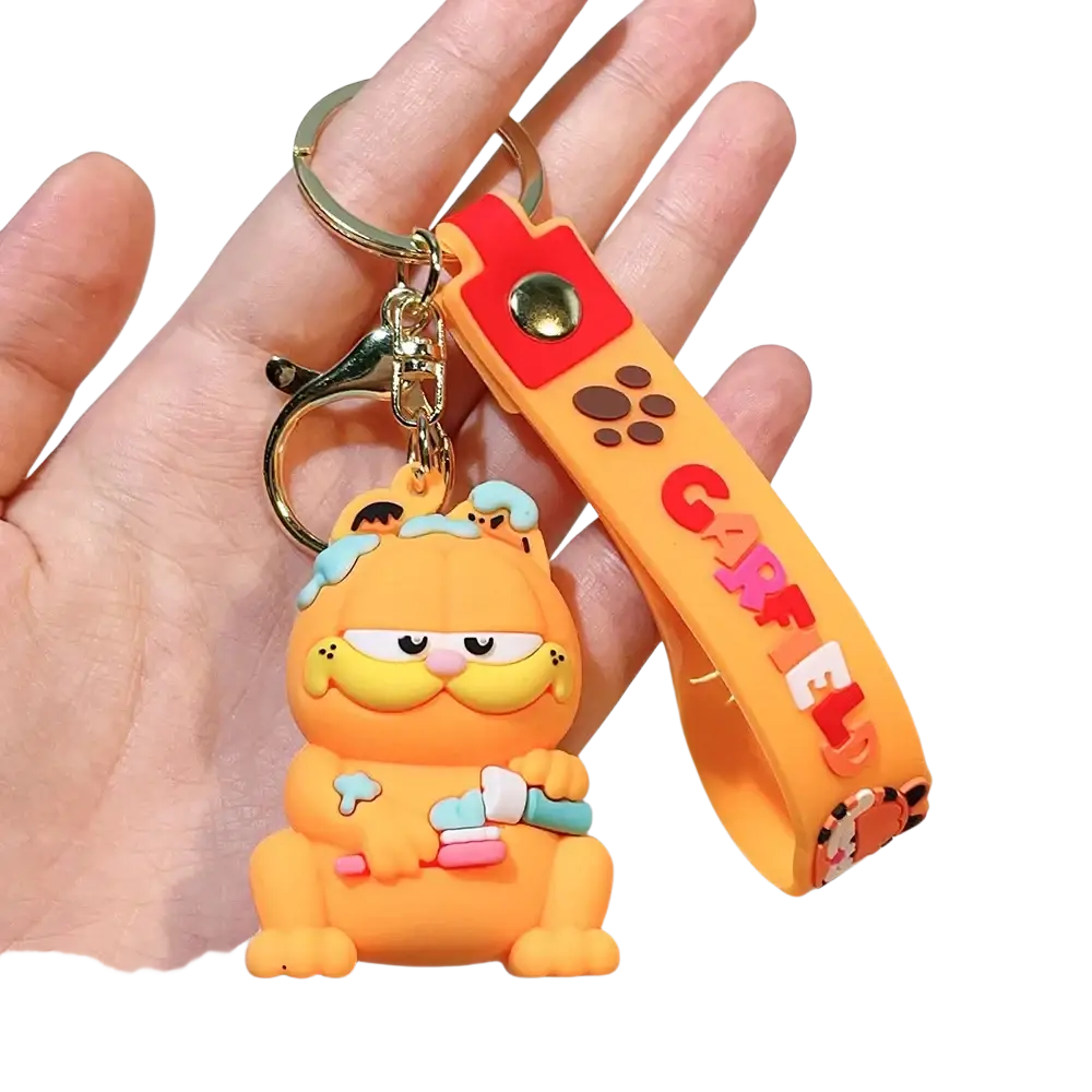 Orange rubber garfield keychain with colorful accessories and matching wrist strap for anime cat key pendant use