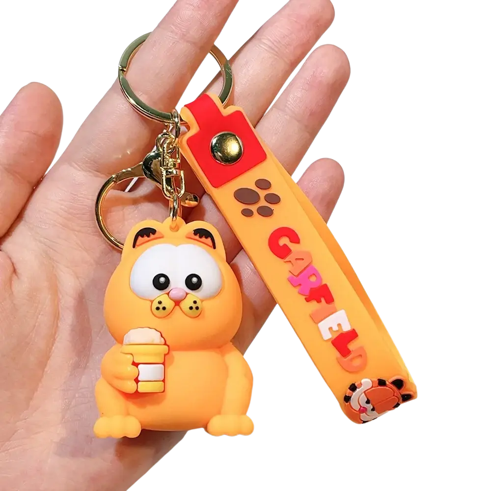 Orange garfield keychain rubber anime cat figure holding ice cream with orange strap featuring garfield logo