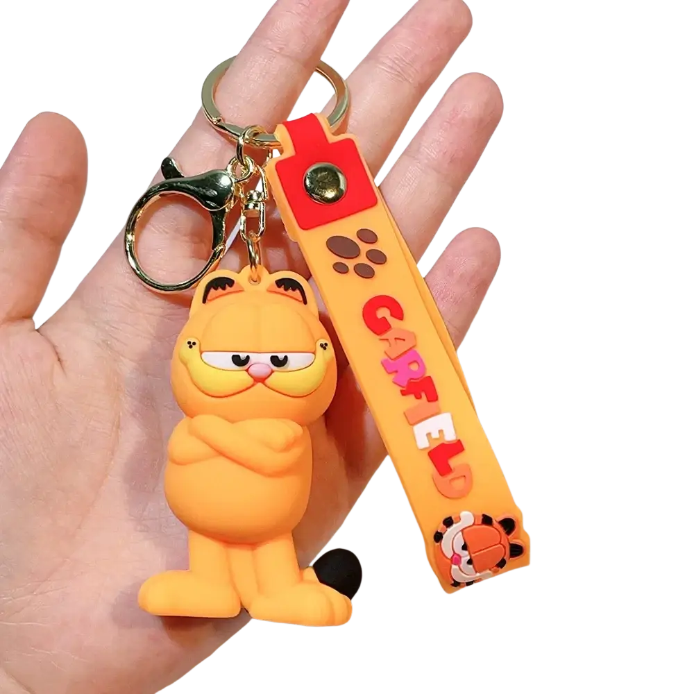 Orange Garfield keychain rubber anime cat plush figure with attached orange strap featuring red Garfield lettering