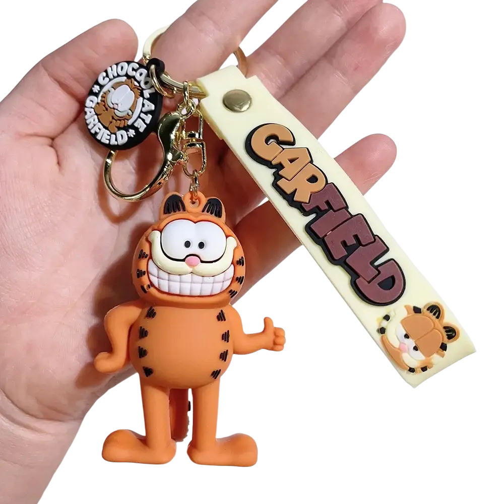 Orange Garfield rubber keychain with black stripes and beige strap featuring the Garfield logo for anime cat fans