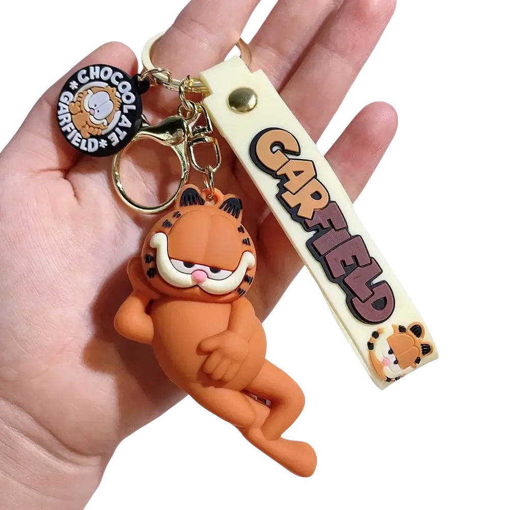 Orange Garfield rubber keychain featuring a cream strap with Garfield logo in brown and black lettering