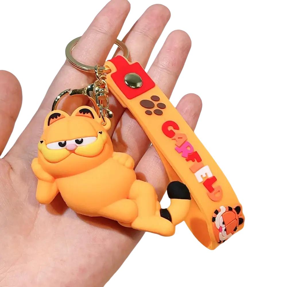 Orange Garfield rubber keychain with red camera attachment and Garfield lettering for anime cat key pendant collection