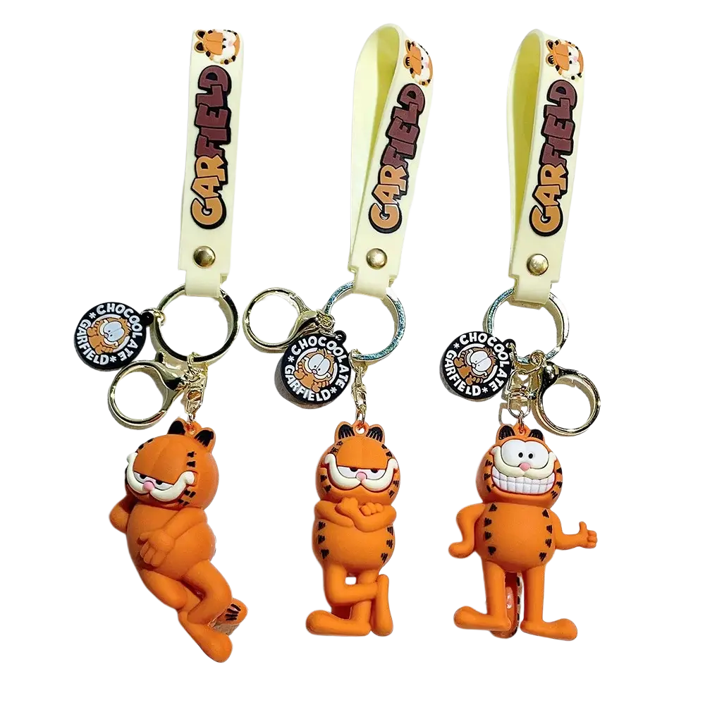 Orange garfield keychains with rubber straps and metallic rings featuring anime cat key pendant design