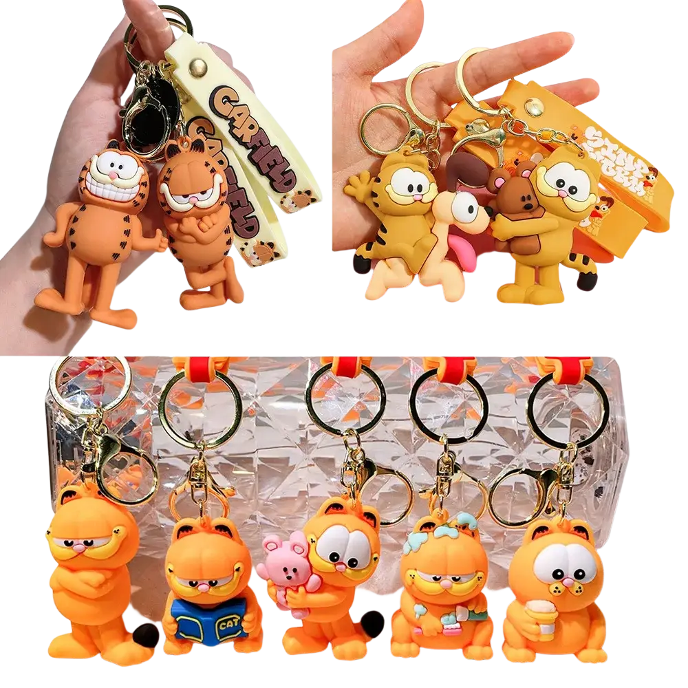 Orange garfield keychains made of molded plastic featuring various poses and expressions for anime cat key pendants