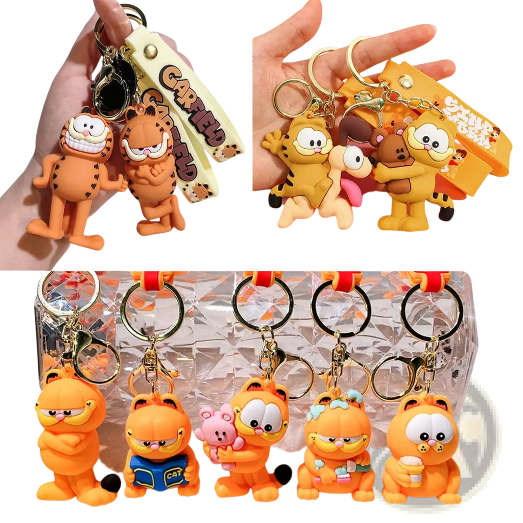 Orange garfield keychains made of molded plastic featuring various poses and expressions for anime cat key pendants