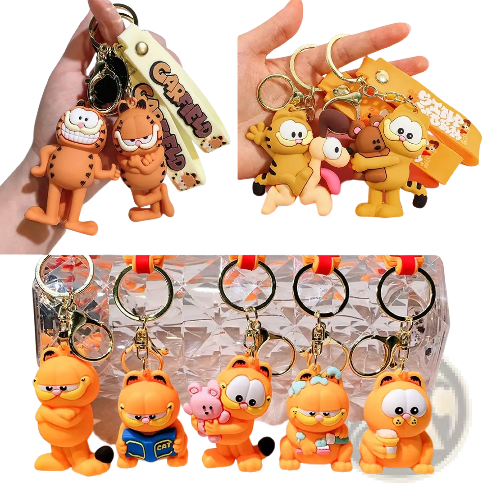 Orange garfield keychains made of molded plastic featuring various poses and expressions for anime cat key pendants