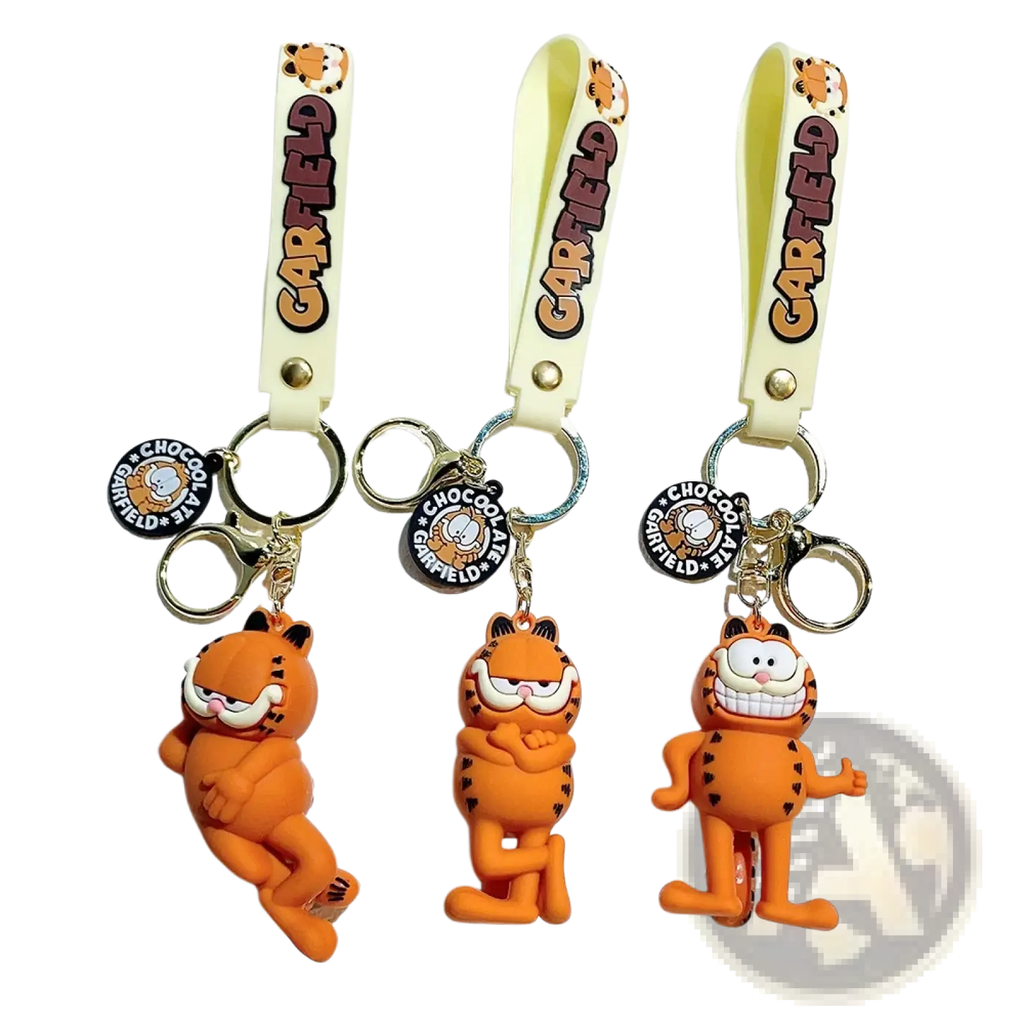 Orange garfield keychains with rubber straps and metallic rings featuring anime cat key pendant design