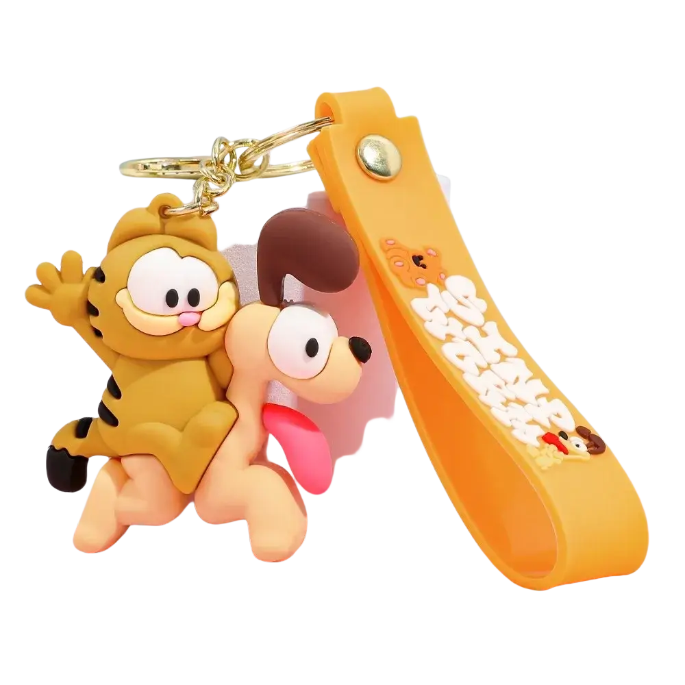 Yellow rubber garfield keychain featuring playful garfield and odie with black stripes and gold metal ring