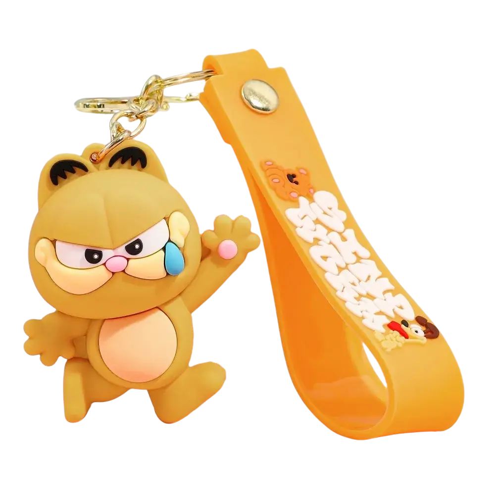 Yellow Garfield keychain rubber anime cat key pendant made of soft silicone with angry expression and orange wrist strap