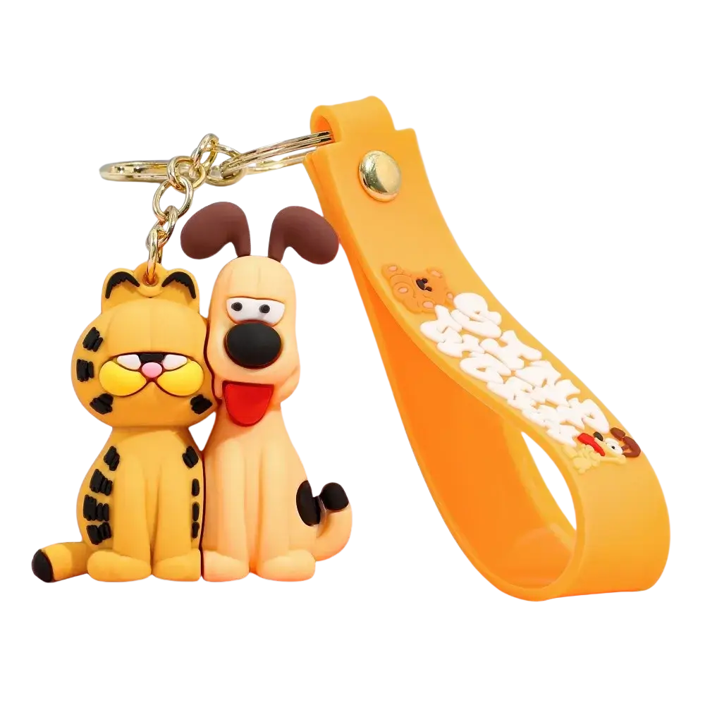 Yellow and black rubber garfield and beige dog keychain with orange silicone strap for anime cat key pendant use