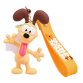 Yellow rubber Garfield keychain featuring a cartoon dog with brown ears, pink tongue, and a matching yellow strap