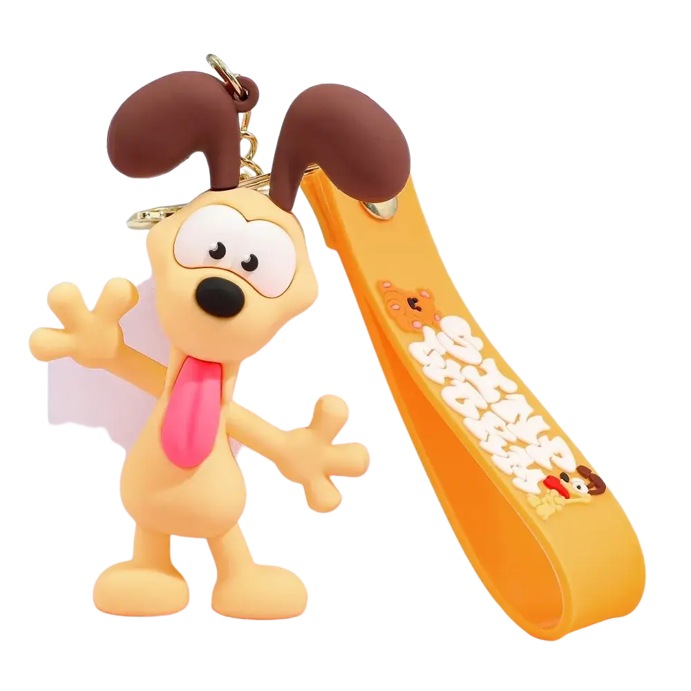 Yellow rubber Garfield keychain featuring a cartoon dog with brown ears, pink tongue, and a matching yellow strap