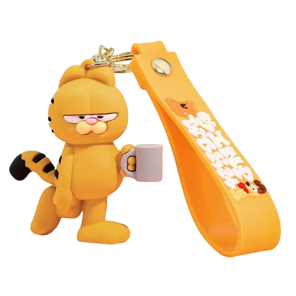 Yellow Garfield keychain rubber anime cat key pendant with black-tipped tail and pink nose holding white mug