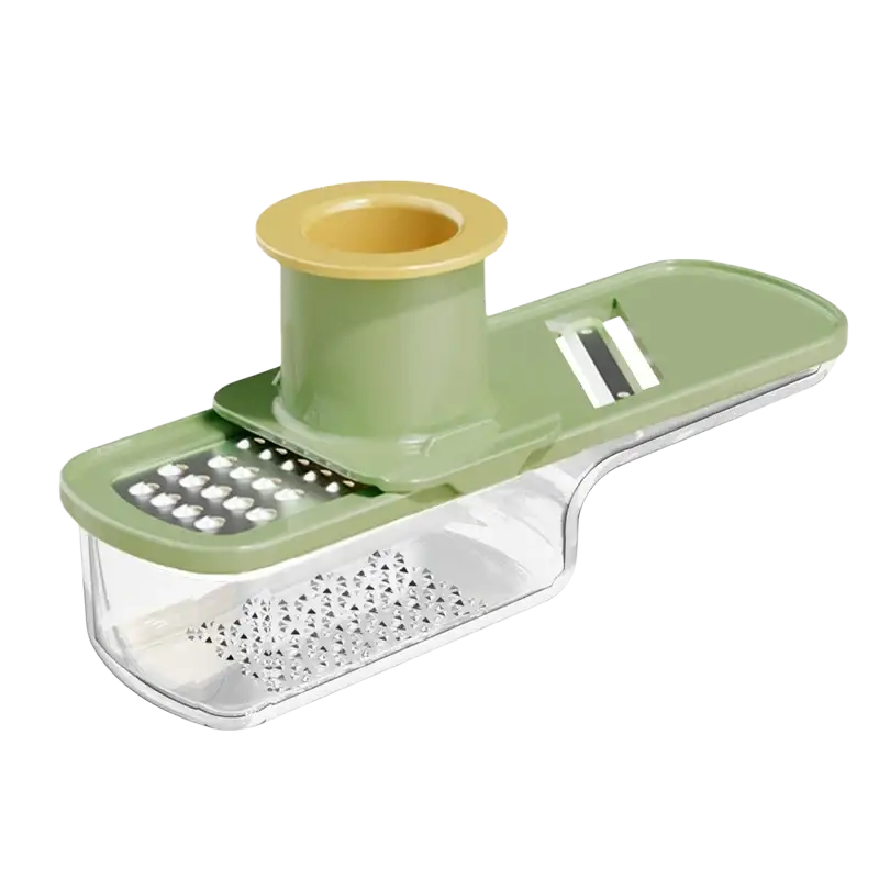 Green and yellow plastic vegetable slicer with clear tray for garlic grinding in stainless steel garlic grinder food chopper