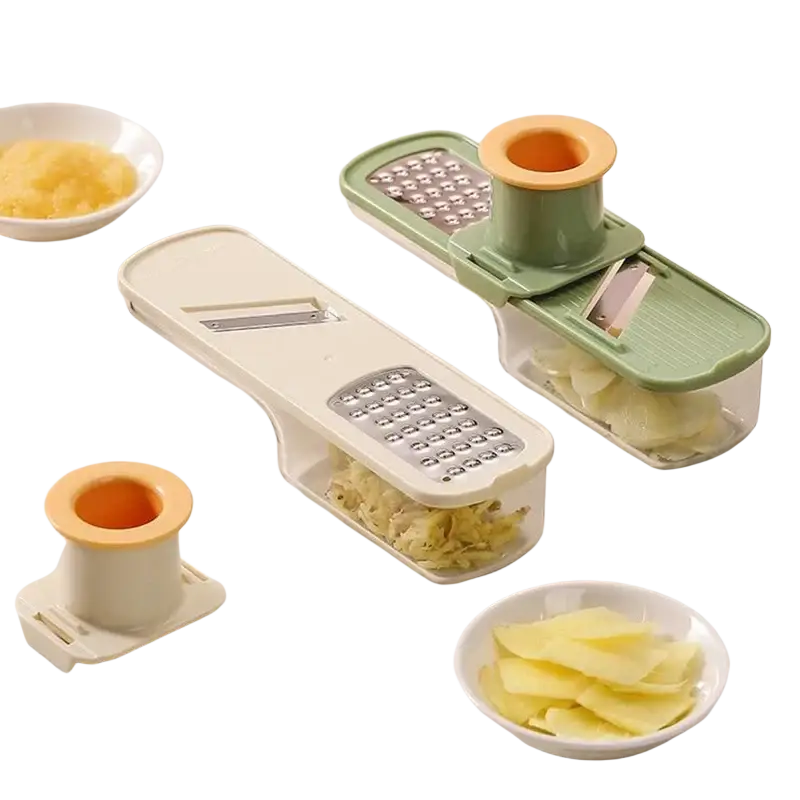 Set of two multi-functional garlic grinder vegetable slicers with stainless steel blades and clear storage compartments